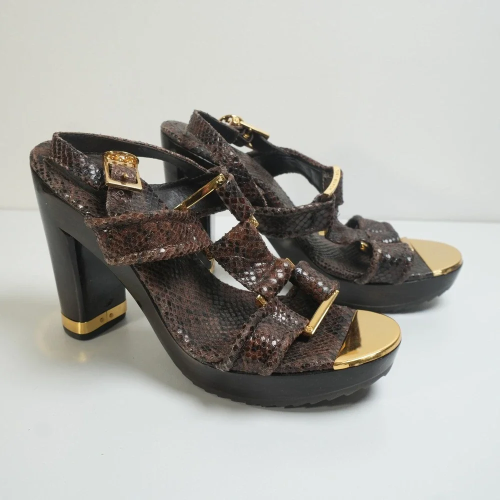 Tory Burch Karmen Platform Sandals 7M Brown Snakeskin Wood‎ Block Heel Gold